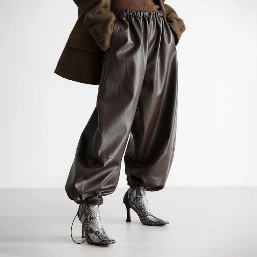 

Leather Pants Women's 2025 Autumn and Winter New Style Drawstring Tied Foot Lantern Loose Pants