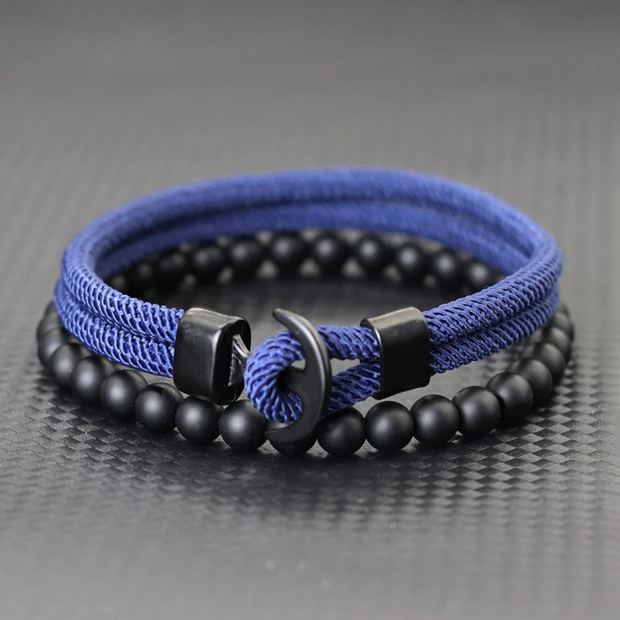 أنيق مرساة 2 قطعة/المجموعة سوار الرجال حجر العقيق الطبيعي مطرز طبقة مزدوجة 4 مللي متر الصف حبل براكليت سحر تصفح أوم مجوهرات