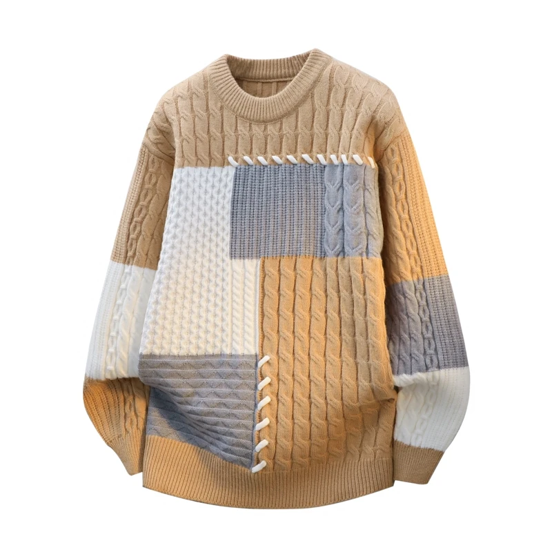 

Patchwork Trendy Knitted Sweater Autumn/Winter Men's High-quality Fashion Trend Thick Round Neck Tops Knitted Base Clothing