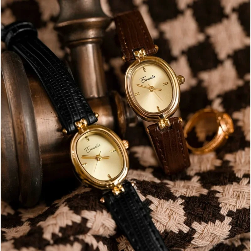 الرجعية البيضاوي الذهب والجلود المرأة ووتش الترفيه الكوارتز الحركة اليابانية للماء ساعة مكتب المرأة ووتش Montes فام