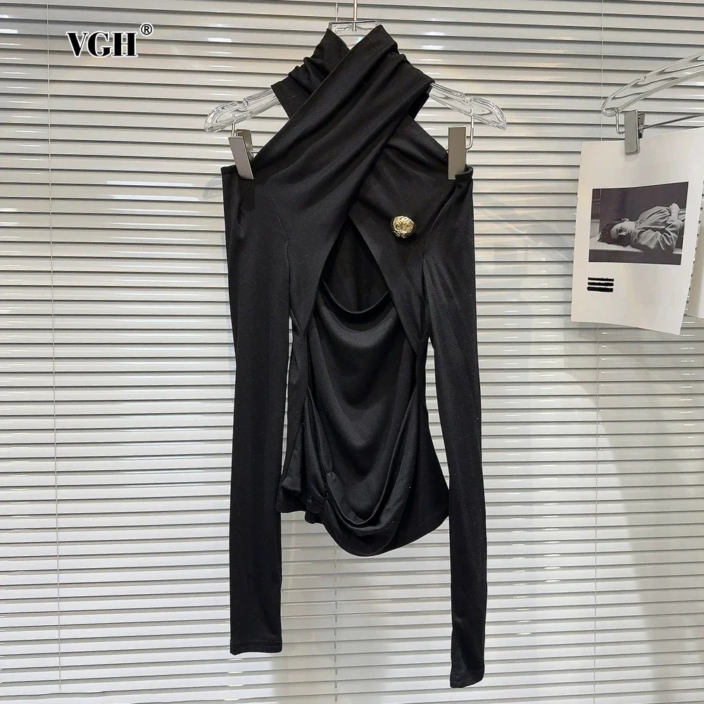 

VGH Solid Cut Out Spliced Folds Slimming T Shirt for Women Halter Long Sleeve Patchwork Button Temprament Top Female Fashion New