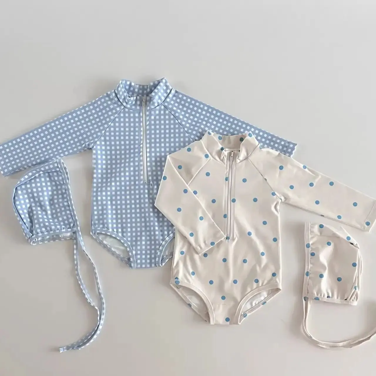 2026 Spring Summer Baby Long Sleeve Swimsuits Cute Printed Plaid Polka Dot Sun-proof Girls One Piece Swimsuit