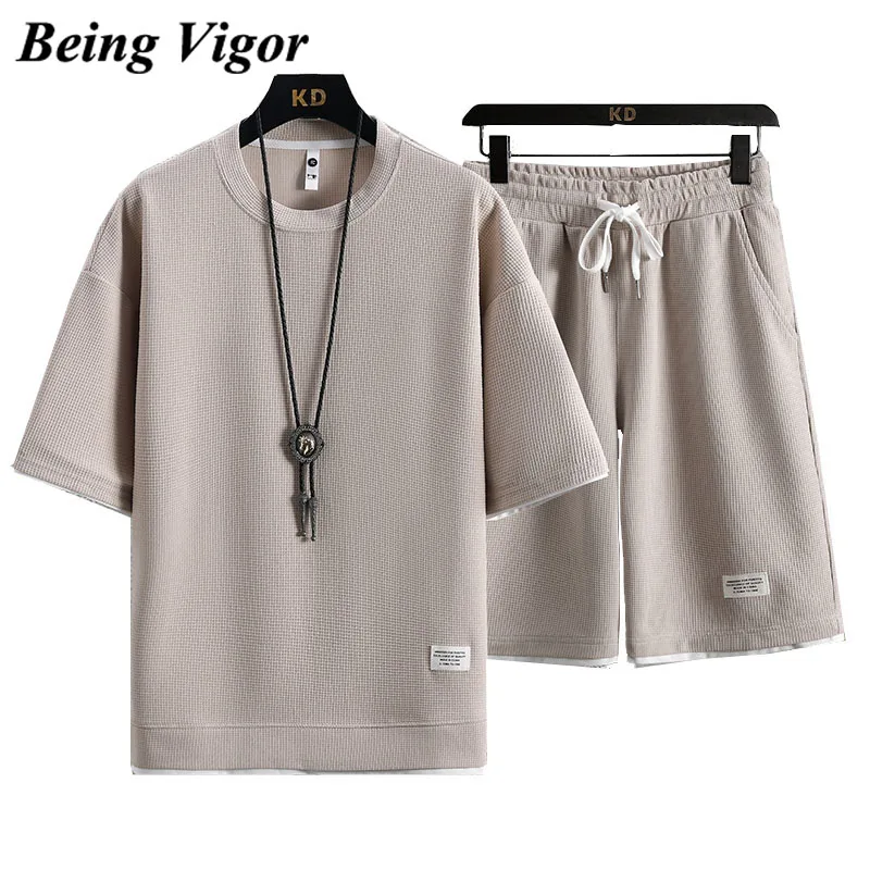 Being Vigor Men Clothing Sweat Short Suits Male Tshirt  Two Pieces Sets Summer Mens Tracksuit Plus Size