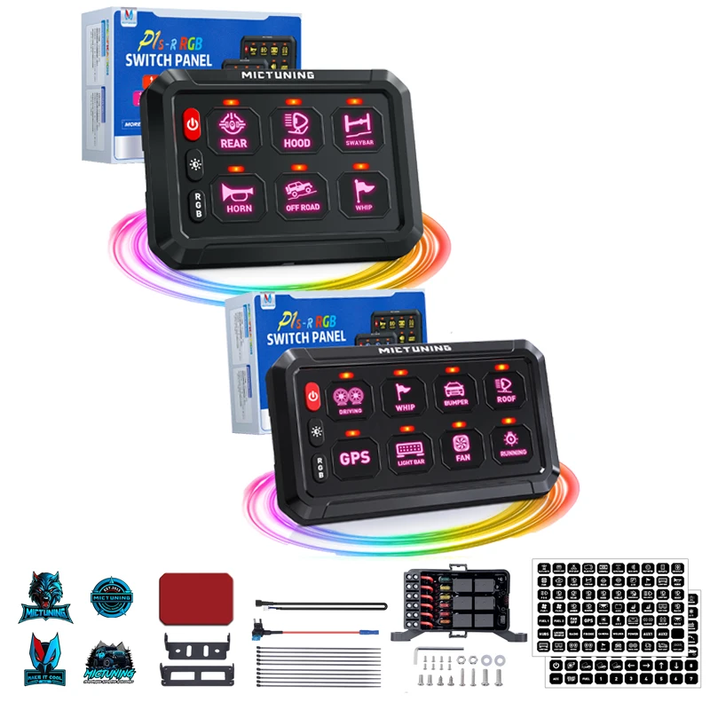 MICTUNING P1s-R 6/8 Gang Switch Panel,RGB Colors Adjustable Brightness,Switch Momentary Circuit Control Relay System Box For Car