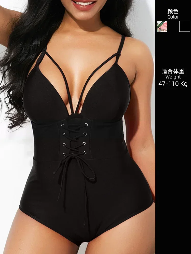 Deep V-strap sexy new rimless one-piece swimsuit plus size fat mm