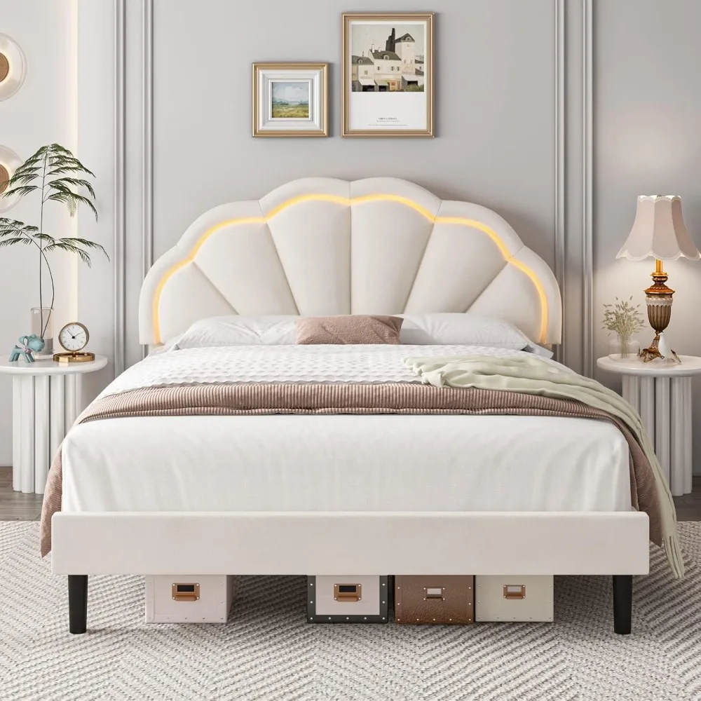 

Queen Upholstered Smart LED Bed Frame with Adjustable Chic Petal Headboard, Soft Princess Queen Size Platform Bed Frame for Girl