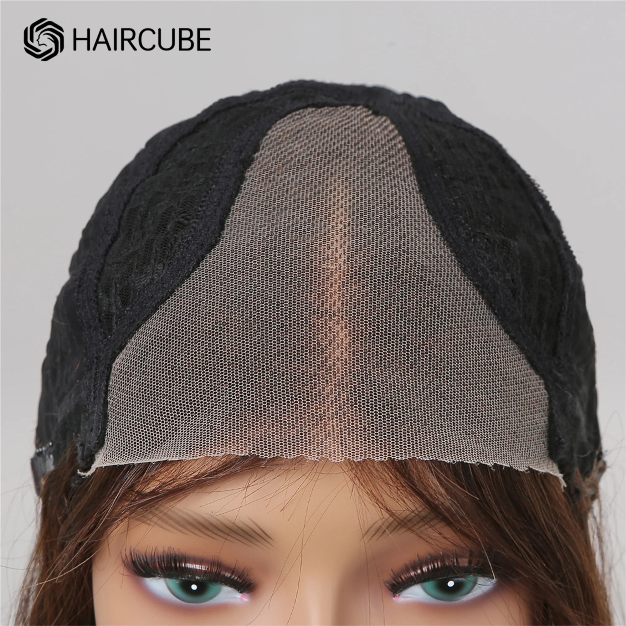 HAIRCUBE-Peluca de cabello humano liso para mujer, pelo largo con encaje frontal, longitud de hombro, Marrón castaño, Remy, parte media, esponjoso