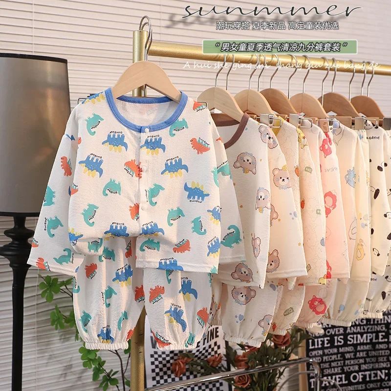 

Spring Summer Boys Girl Air Conditioning Clothing Kid Cute Cartoon New Sleepwear 2pcs Toddler Children Homewear Pajamas Thin