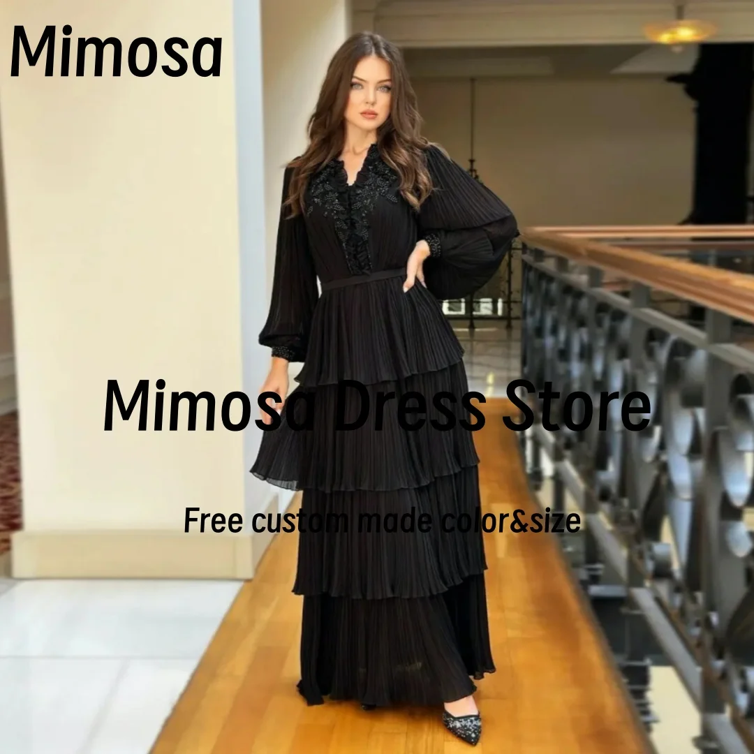 Mimosa Black Evening Party Dresses Bead V Neck Long Sleeves Women's Prom Dress Ruched Tiered вечернее платье женское Customized