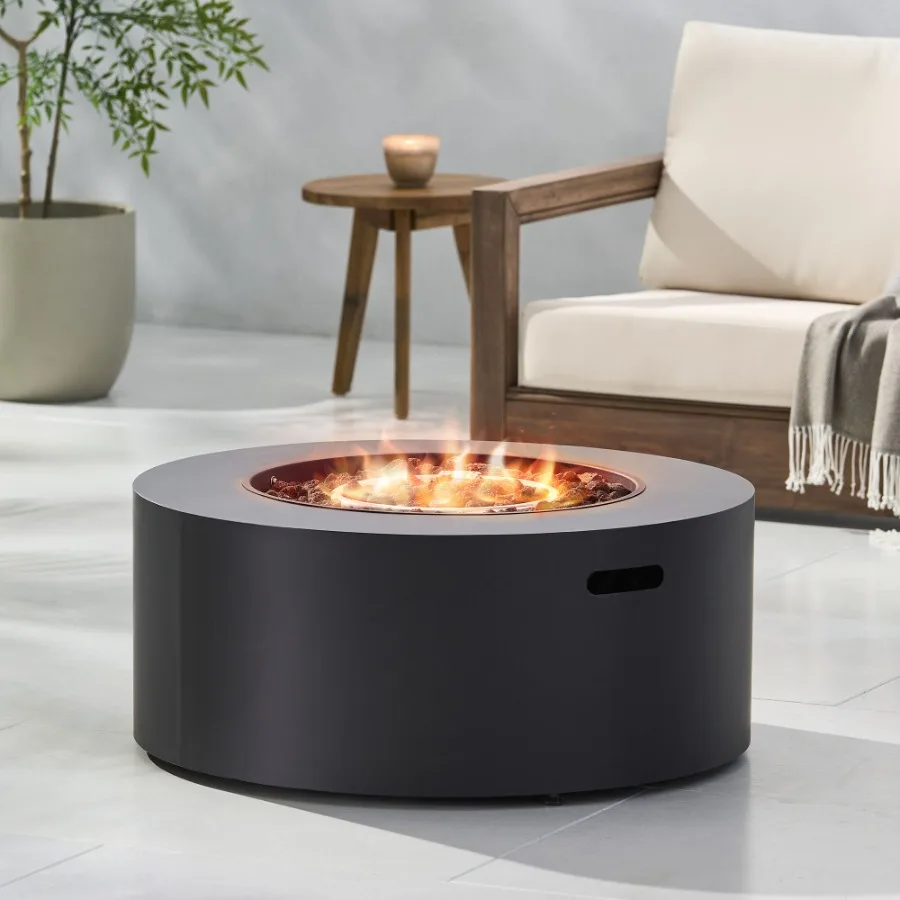 

Patio fire pit: round iron, dark grey, 40, 000 BTU propane heating, 32-inch diameter, tank cover not included