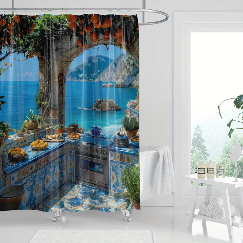 Sea View Tranquil Scenic Digital Print Polyester Shower Curtain with Hooks - Water-resistant, All-season, Woven Knit, Machine Wa