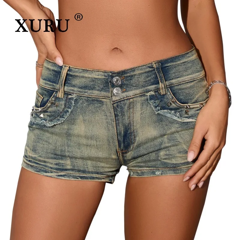 XURU - European and American New Women's Low Rise Sexy Jeans, Summer Ripped Denim Shorts and Hot Pants