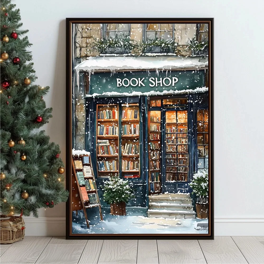 بدون إطار، كتب المتاجر والدوريات، ملصق زاوية القراءة، لوحة قماشية، كوخ مع رقاقات الثلج، هدية مروحة الكتاب، ديكور غرفة النوم