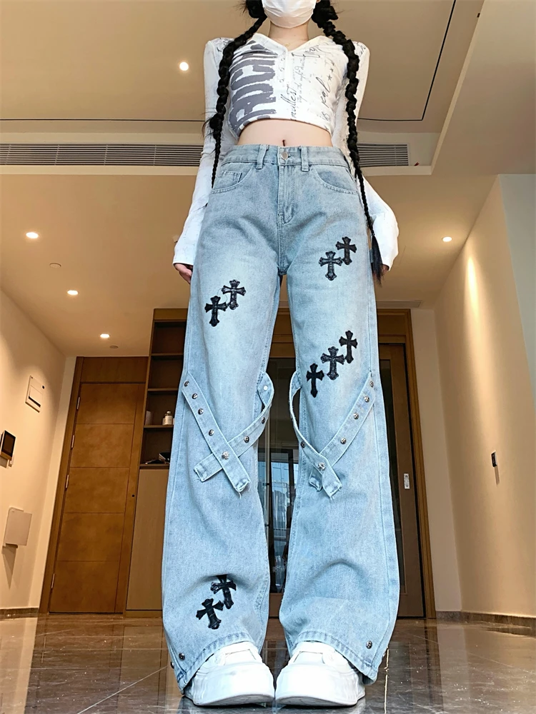 Women's Hip Hop Cross Sticker Design Vintage Jeans Cool Girl High Waisted Streetwear Fashion Trouser Female Casual Denim Pants