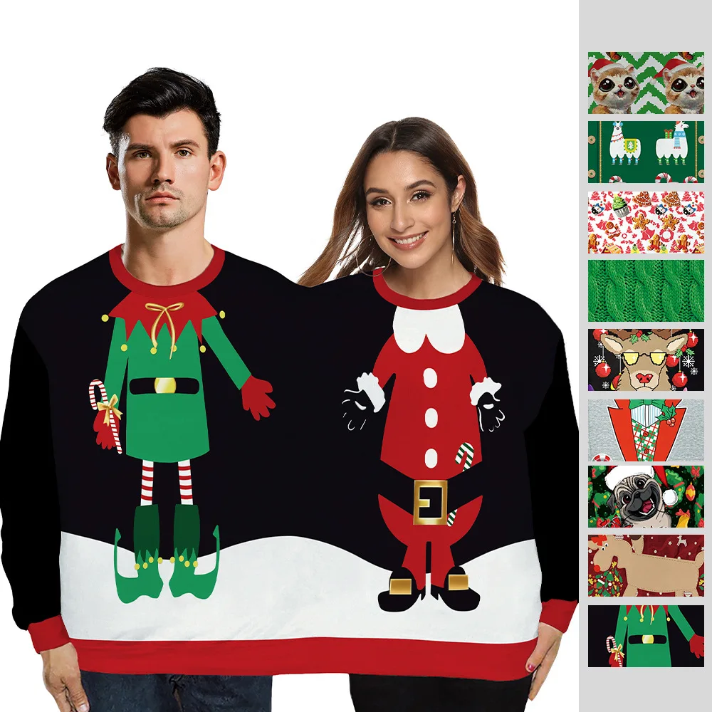 Unisex Connected Two-Person Crew Neck Full Festive Graphic Print Long Sleeve Top Novelty Sweatshirt for Christmas Funny Outfit