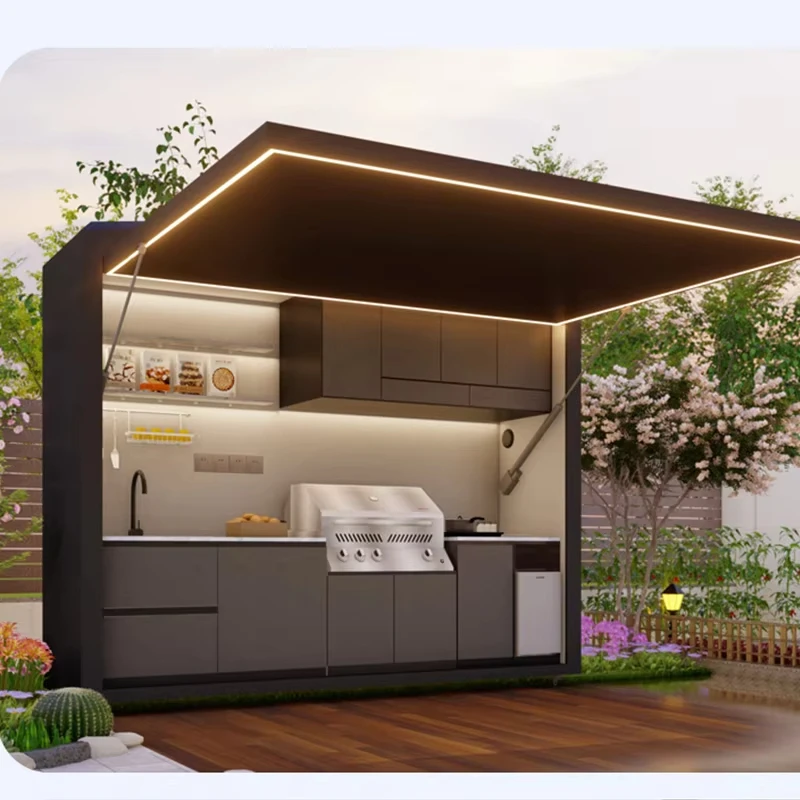Cocina de jardín con gabinetes modulares y isla de parrilla gabinetes de cocina al aire libre carcasa de aluminio LED utensilios de cocina personalizados