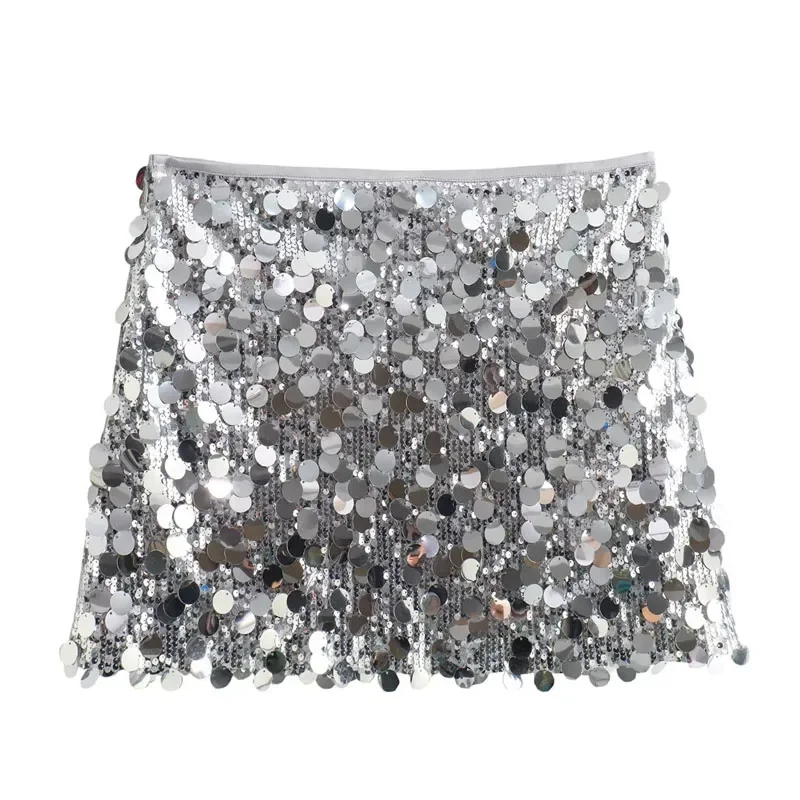 TRAF Woman Skirt Sequin Black Mini Skirt Shiny Silver Short Skirts Women High Waist Party A Line Skirt Glitter Women's Skirts