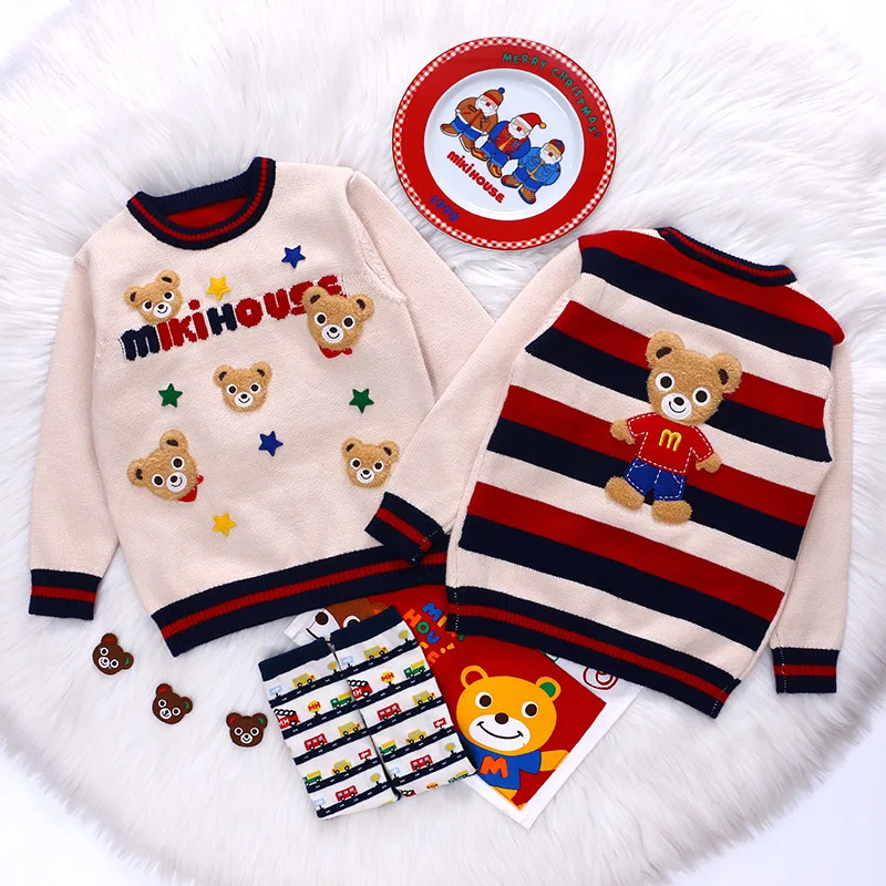 Japanese Boys and Girls Knitted Sweater Cartoon Three-dimensional Embroidery Bear Rabbit Pull Sweaters Shirt Baby Girl Clothes