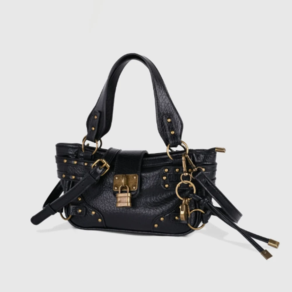 SHELKSBAG Women Vintage Rivet Lock Handbag Y2K Motorcycle Style Washed Solid Color Small Soft PU Shoulder Crossbody Satchel Bag