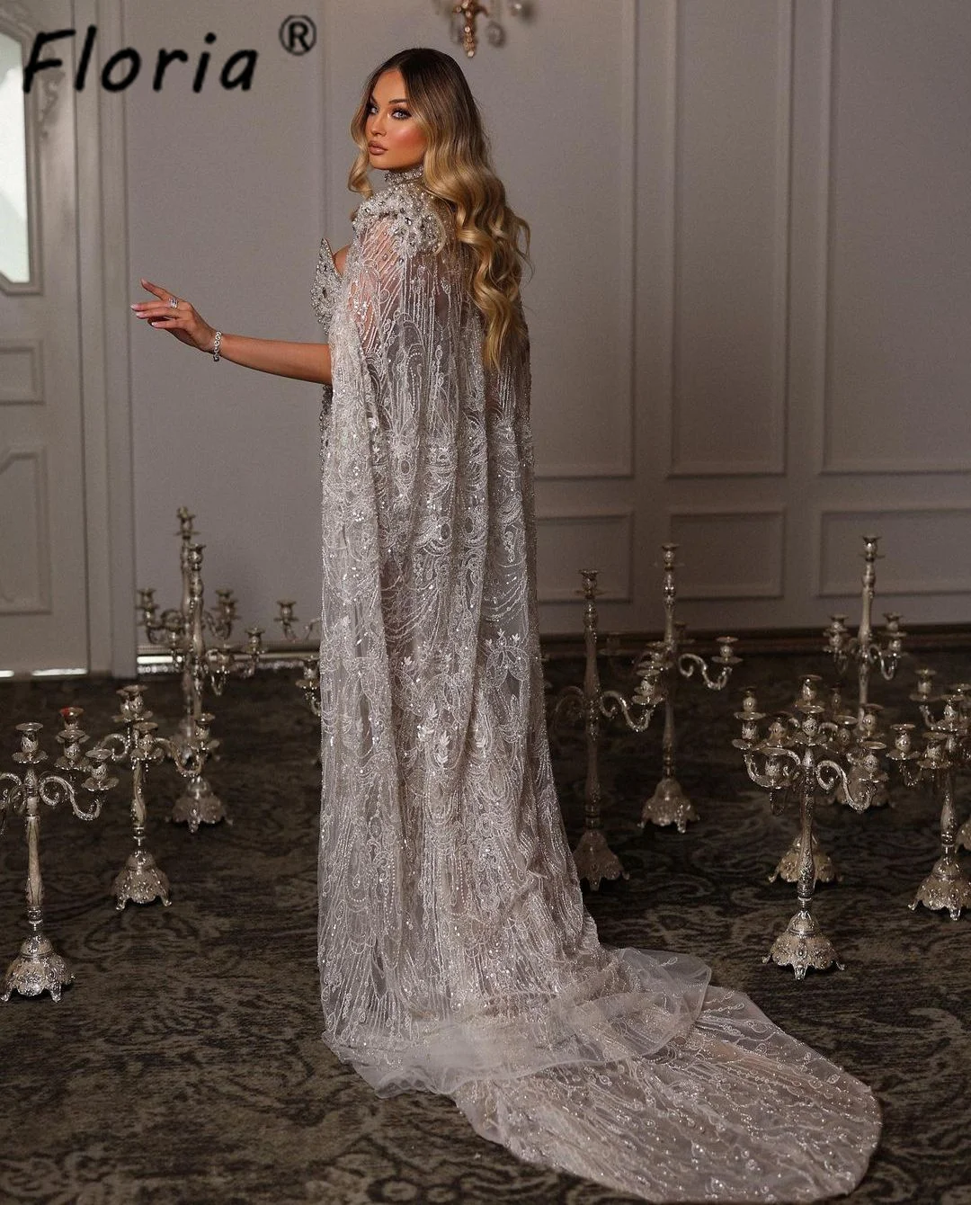 Luxury Dubai Mermaid Wedding Evening Dresses with Cape Pearl Beads Crystal Formal Party Gowns 3D Lace Celebrity Robe De Soiree