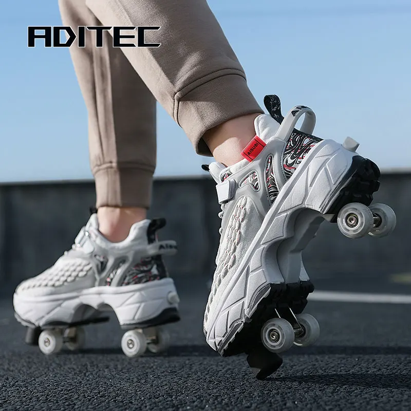 Pu Leather Four-Wheel Roller Skate Shoes Casual Deformation Parkour Sneakers For Rounds Adult Kids Of Running Sport Shoes