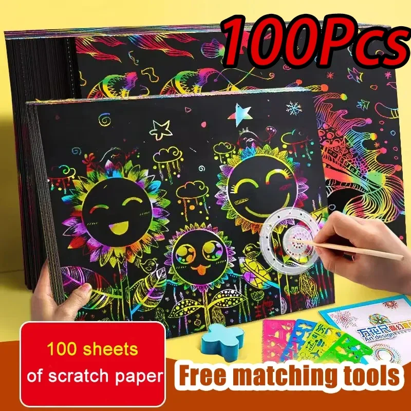 New 100Pcs Children DIY Colorful Scratching Paintings Art Scratching Book Graffiti Fun Painting Scratching Paper Drawing Toys