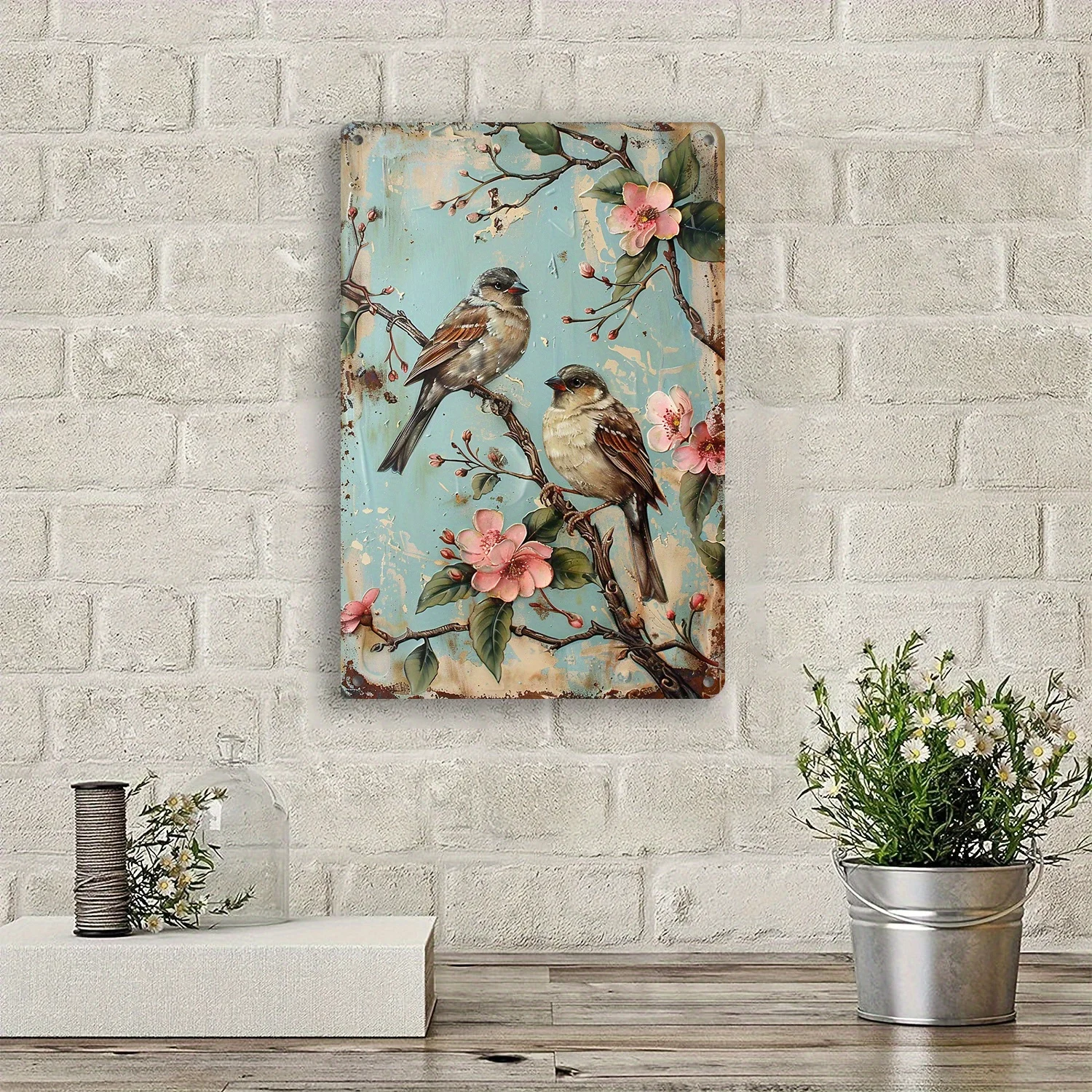 Hand-Painted Vintage Birds & Flowers Metal Wall Art Sign - Rustic Suitable for Home, Office, Restaurant Decor - Waterproof Ir