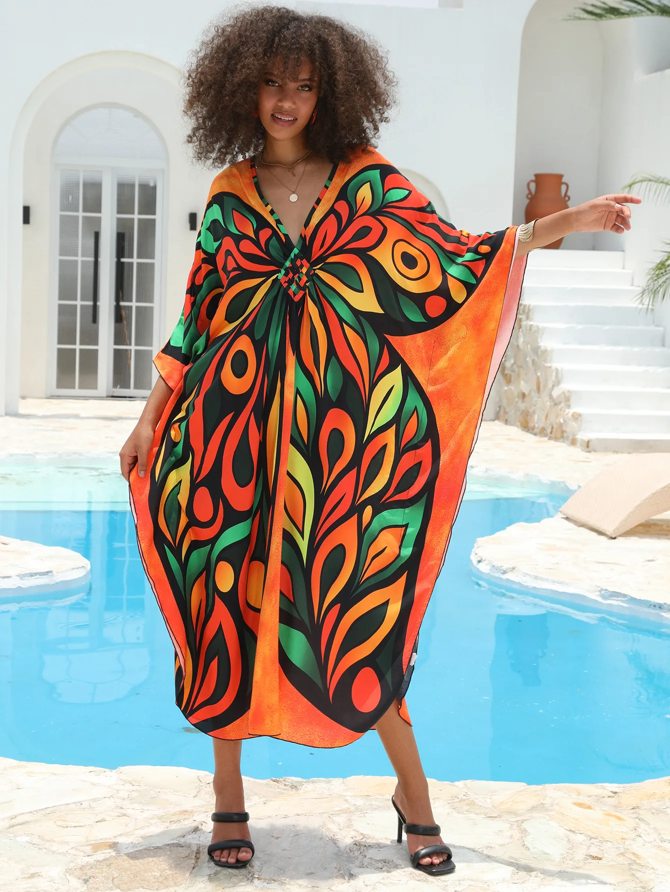 Plus Size Beach Dresses Butterfly Printed Kaftan Dresses for Women Mrs Roper Costume Lounge Dress Summer Holiday Outfits Sales