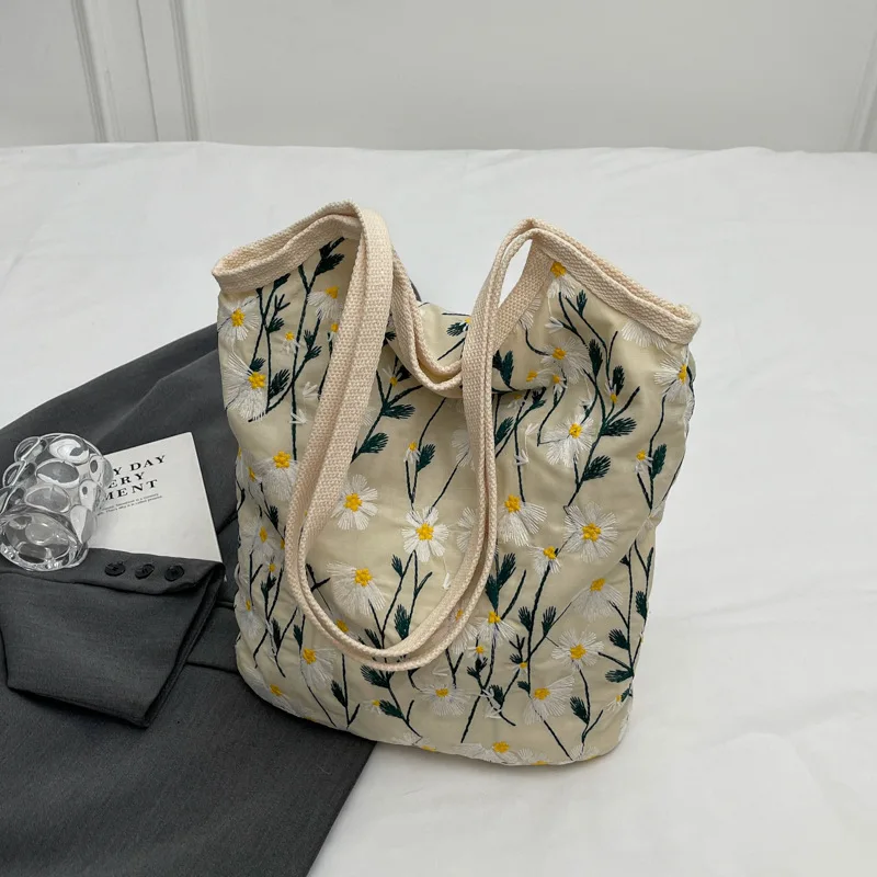 Daisy Embroidered Tote Bag Women Summer Large Capacity Cloth Bag Niche Embroidery Shoulder Bag Texture Bucket Bag Canvas Bag