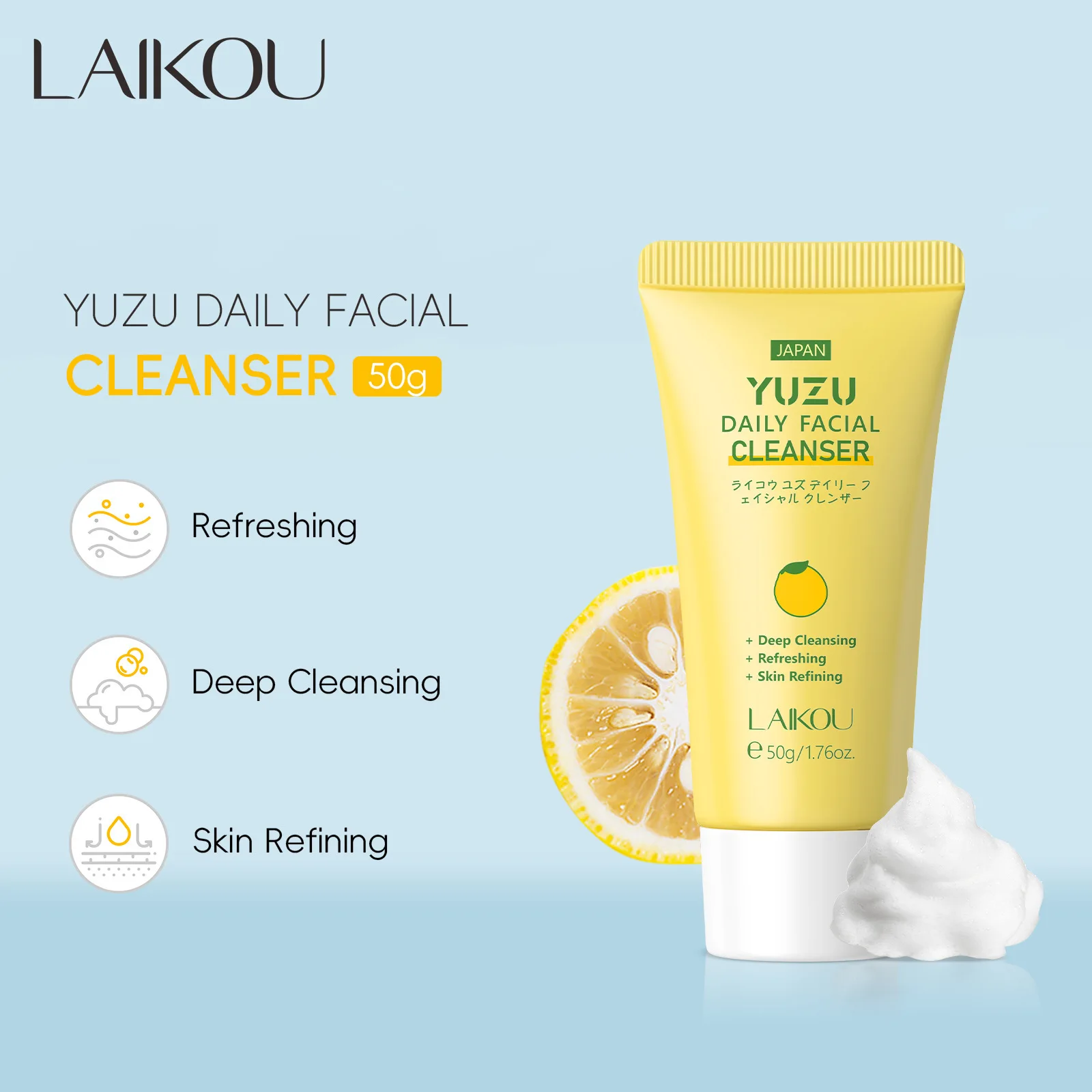 LAIKOU Yuzu Daily Facial Cleanser 50g Deep Cleansing Refreshing Skin Refining Gentle Face Wash for Daily Skin Care