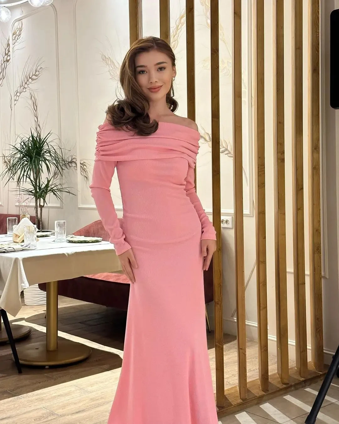 Long Sleeves Evening Dresses Elegant Party Dresses For Women Saudi Formal Prom Dresses Satin A-Line Pink Ankle-Length