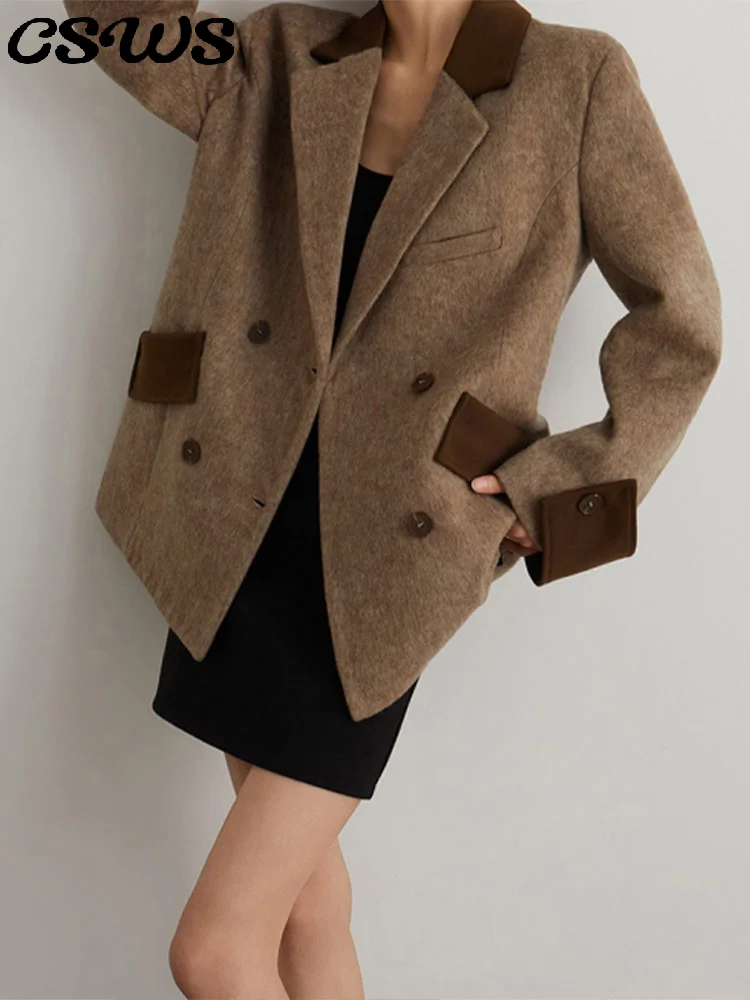 

Casual Woolen Women's Coat Contrast Long Sleeve Double-Breasted Turn-Down Collar Lady Jackets 2025 Fashion Autumn Female Outwear