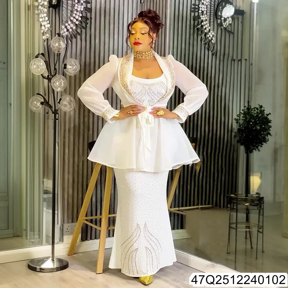 

European and American Plus-size Tops for Women's Wear, African Long-sleeved Dresses, and Long Gowns with Rhinestones 47Q25122401