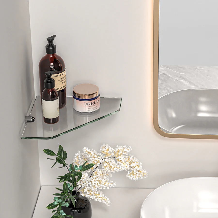 

Стеклянная угловая полка Стеклянная полка Зажим для ванной комнаты Держатель оборудования Стеклянная стойка для хранения геля для душа и косметики Полка для душа