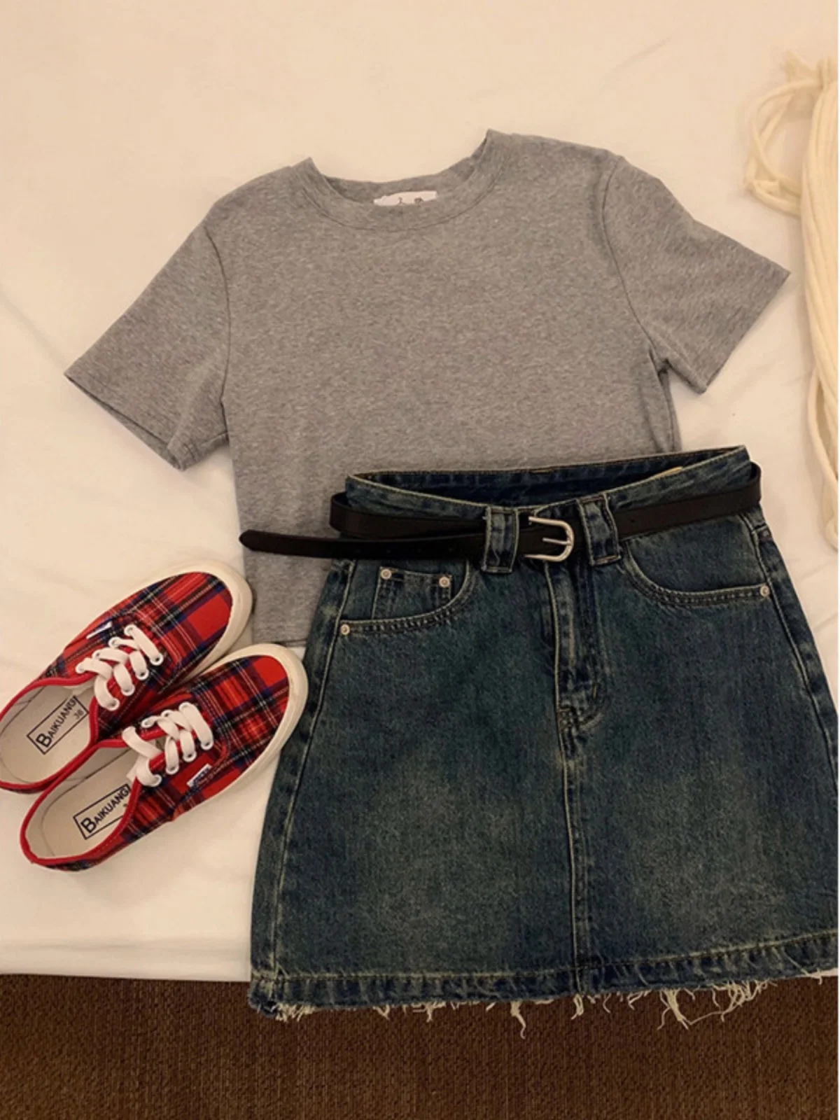 الرجعية الكورية Sle عالية الخصر ألف خط تنورة المرأة فضفاضة الدنيم ort التنانير العصرية المتوترة هملين الخريف جديد حجم كبير #1