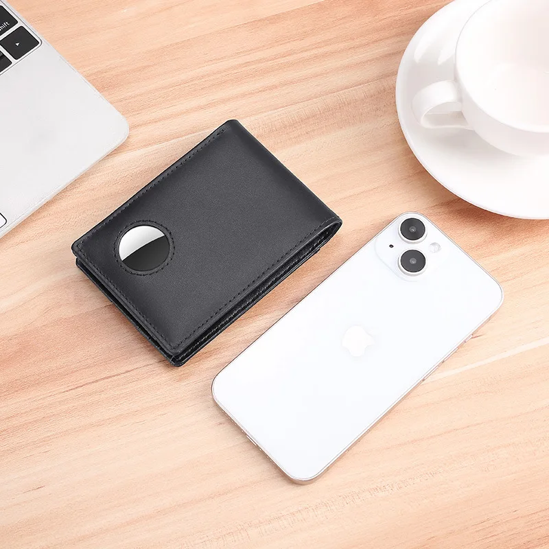 For Airtags Business Genuine Cow Leather Men Thin Wallet RFID Blocking Credit Bank Card Holder with ID Window Male Purse Black