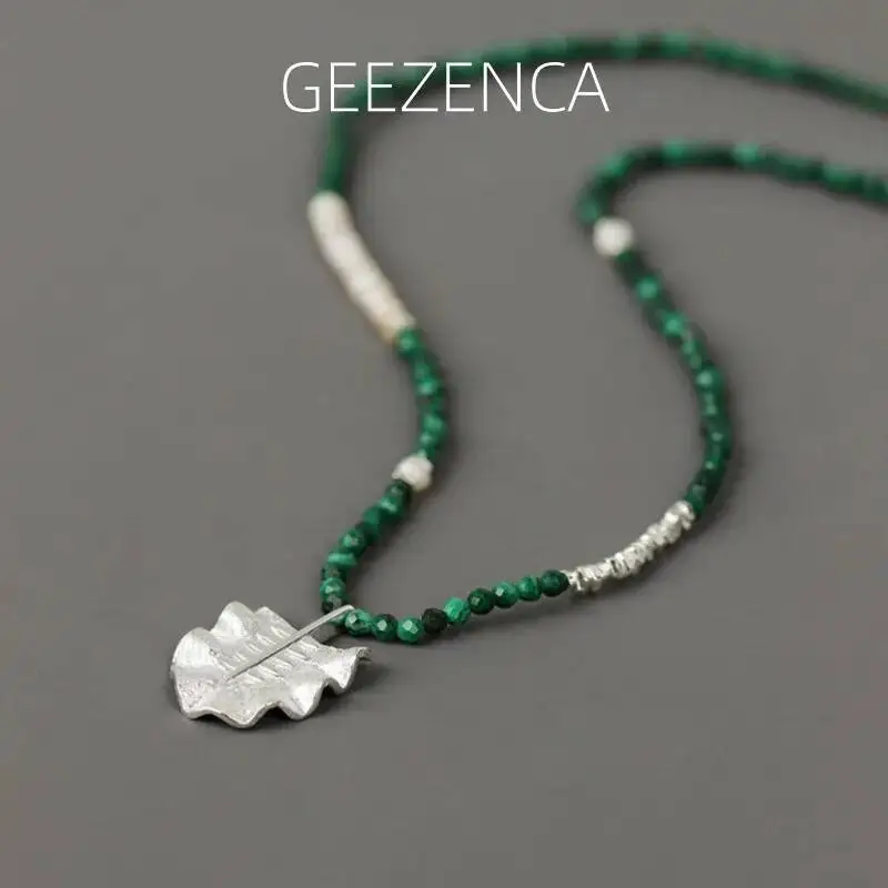 

GEEZENCA Black Spinel Malachite Stone Pearl 925 Silver Plate Beaded Strand Necklace For Women Fan Charm Pendant Necklace Gift