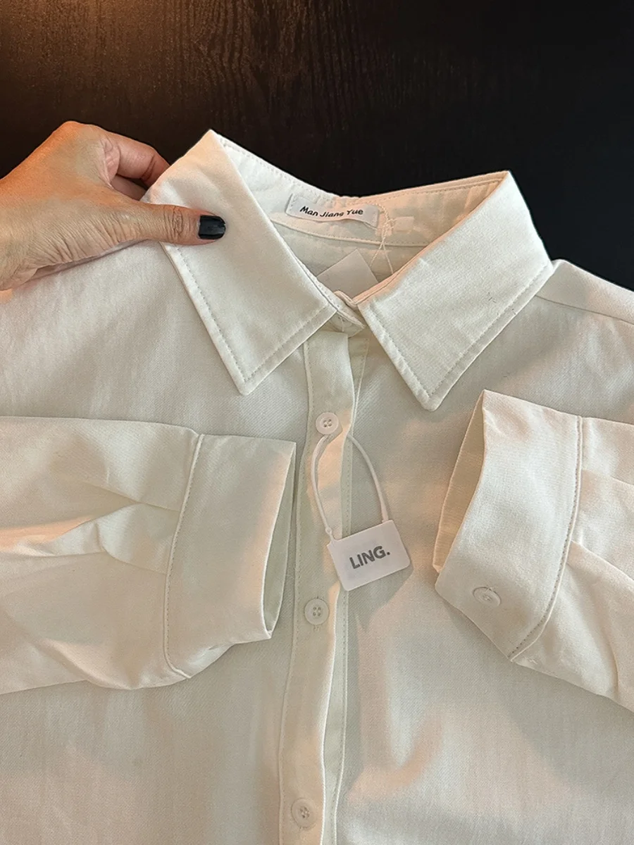 Simple and Versatile White Long sleeve Lapel Shirts 2024 Autumn New Women clothes Shirt Loose Inner wear Stacked Top