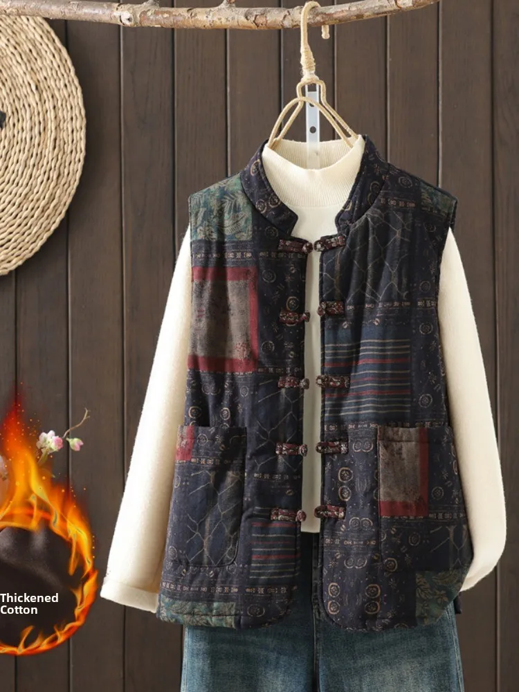 

Thickened Cotton Linen Vest Women's Winter Warm Stand Collar Patchwork Plant Floral Print Jacket Outerwear Fashion Commute Style