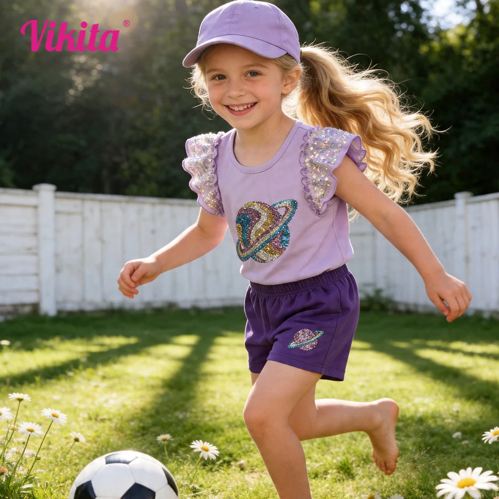 Girl Sparkly Cosmos Sequined Appliqued Flare Sleeve Cotton Casual Purple Tops Tees and Shorts Bottoms 2 Pcs Outfits Clothes Sets
