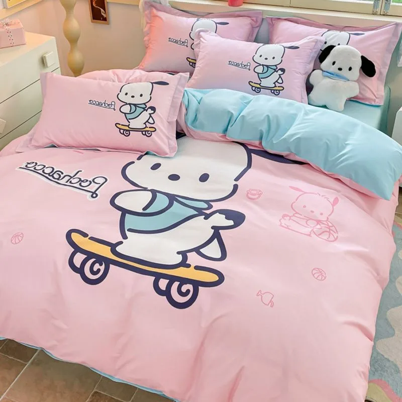 Кровать с рисунком Hello Kitty Kuromi Pochacco, комплект из четырех предметов из чистого хлопка, пододеяльник для студенческого общежития, простыня, комплект из трех предметов