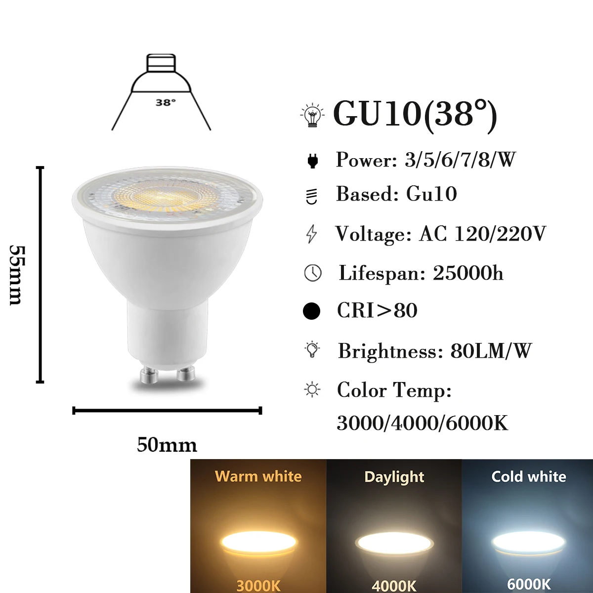 10 قطعة/الوحدة LED الأضواء GU10 AC120V 230 فولت السوبر مشرق وميض الحرة الدافئة الأبيض ضوء 3 واط-8 واط يمكن أن تحل محل 20 واط 50 واط الهالوجين مصباح
