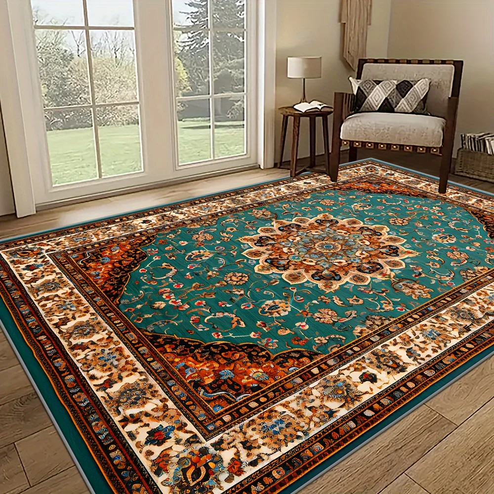 VIKAMA Teal‑Green Classic Persian Area Rug Luxurious Central Medallion Floral Multi‑layer Border Design Non‑slip Large Floor Rug