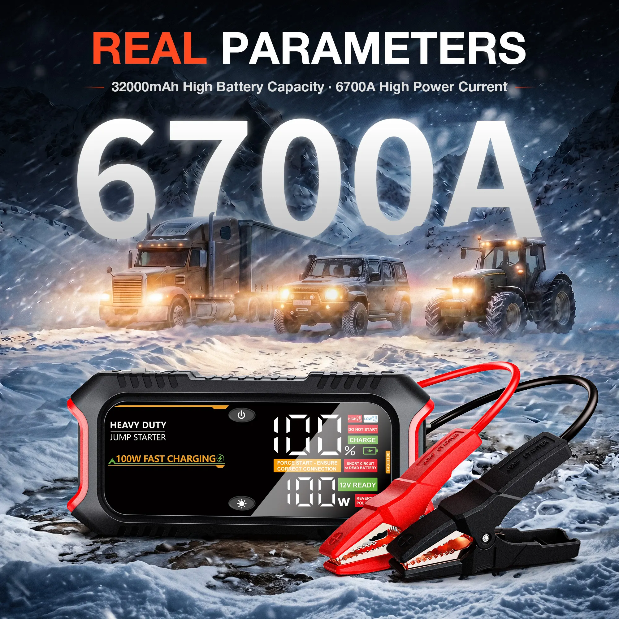 Мощное пусковое устройство Real Parameters 6700A 12V с быстрой зарядкой PD 230W, внешний аккумулятор 32000 мАч, совместимо с мотоциклами, с защитой от искр