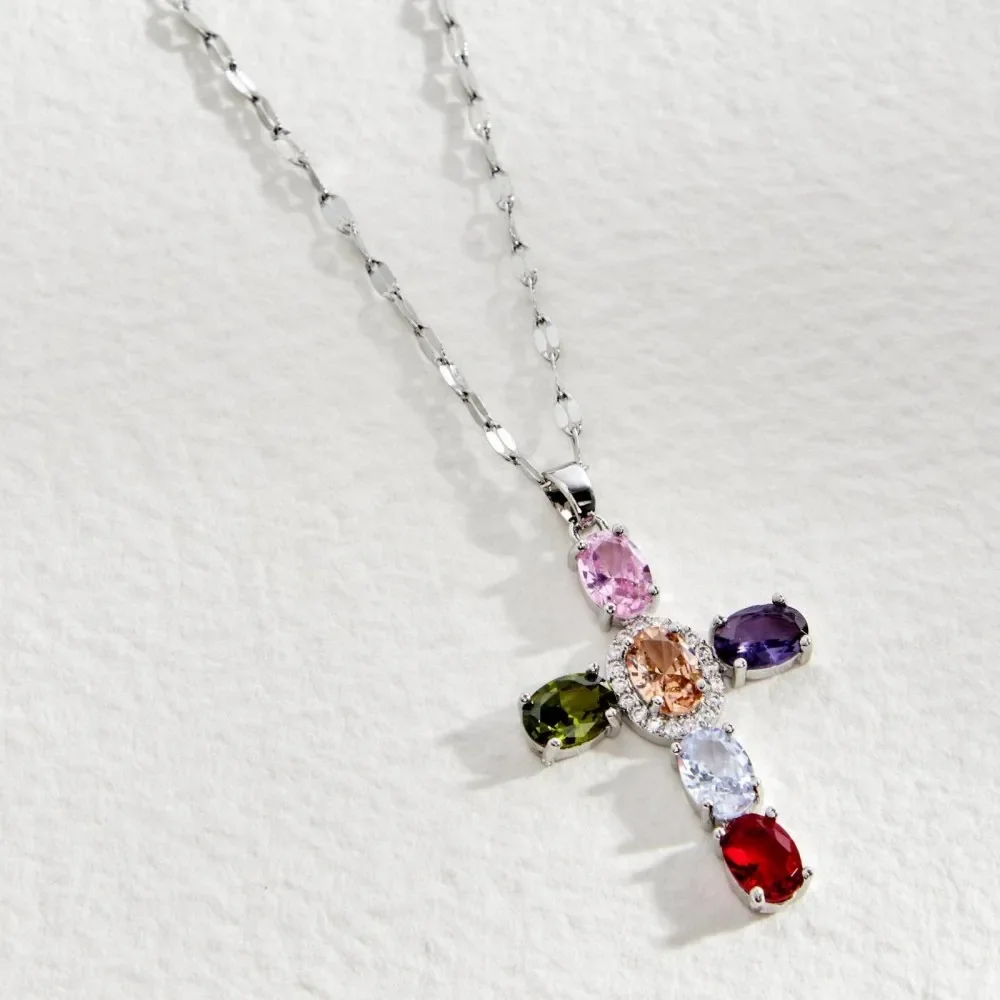 Mehrfarbige CZ-Stein-Anhänger-Kreuz-Halskette, Regenbogenfarben, zierliche Pave-Kreuz-Halskette, Neon-Schmuck für Frauen, Halloween-Geschenk – Detail 10