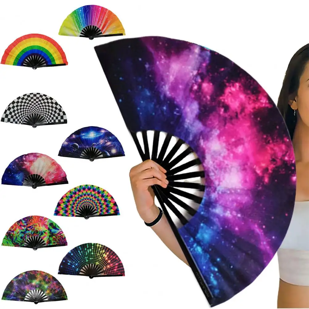 Folding Fan Bright Color Rainbow Starry Sky Color Glow In The Dark Festival Performance Party Supplies Hand Fan Xmas Dance Fan