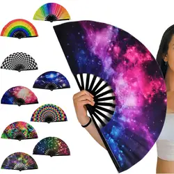 Folding Fan Bright Color Rainbow Starry Sky Color Glow In The Dark Festival Performance Party Supplies Hand Fan Xmas Dance Fan