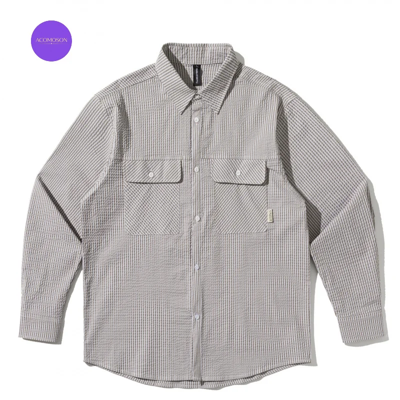 ACOMOSON Autumn Winter Retro Color-Block Striped Long-Sleeve Shirt Street Travel Holiday Unisex Loose Fit Casual Trendy Shirt