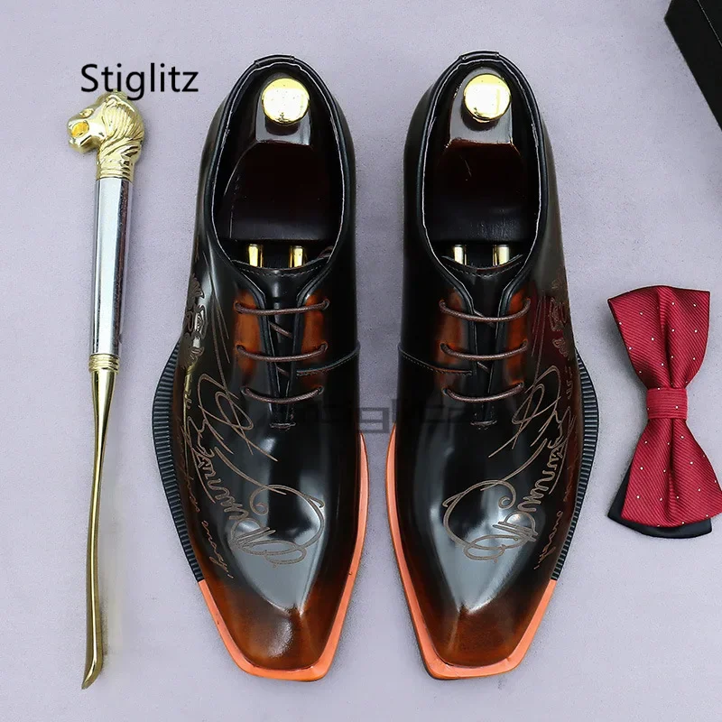 Embossed Print Men's Business Dress Shoes Lace Up Cowhide Oxfords Genuine Leather Casual Lacquered British Office Men's Shoes