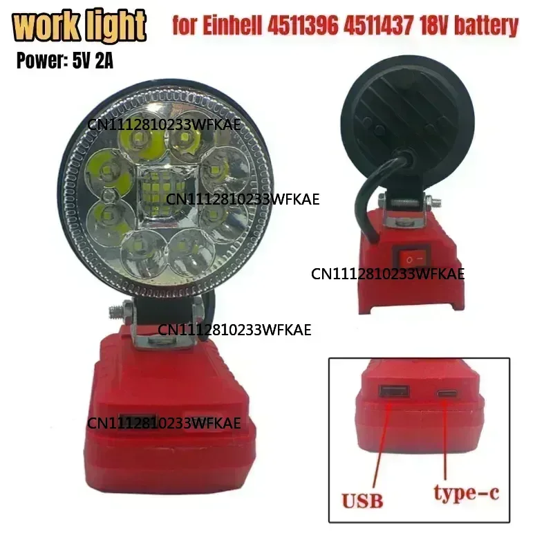 Work Light LED Portable Cordless with USB Output Rotatable Head and Hanging Hook for Einhell 4511396/4511437 18V Battery